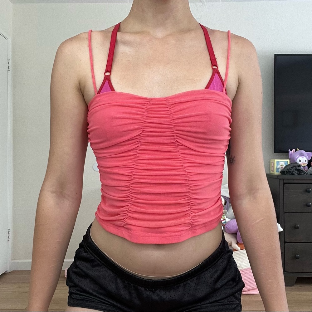 Cotton Candy LA Pink Mesh Ruched Crop Top